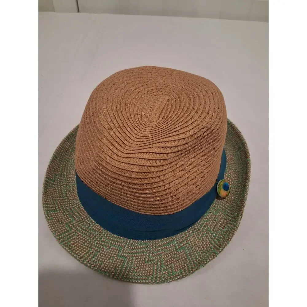 Target Women's Straw Fedora Trilby Hat Brown Green Woven Short Brim Ribbon Band